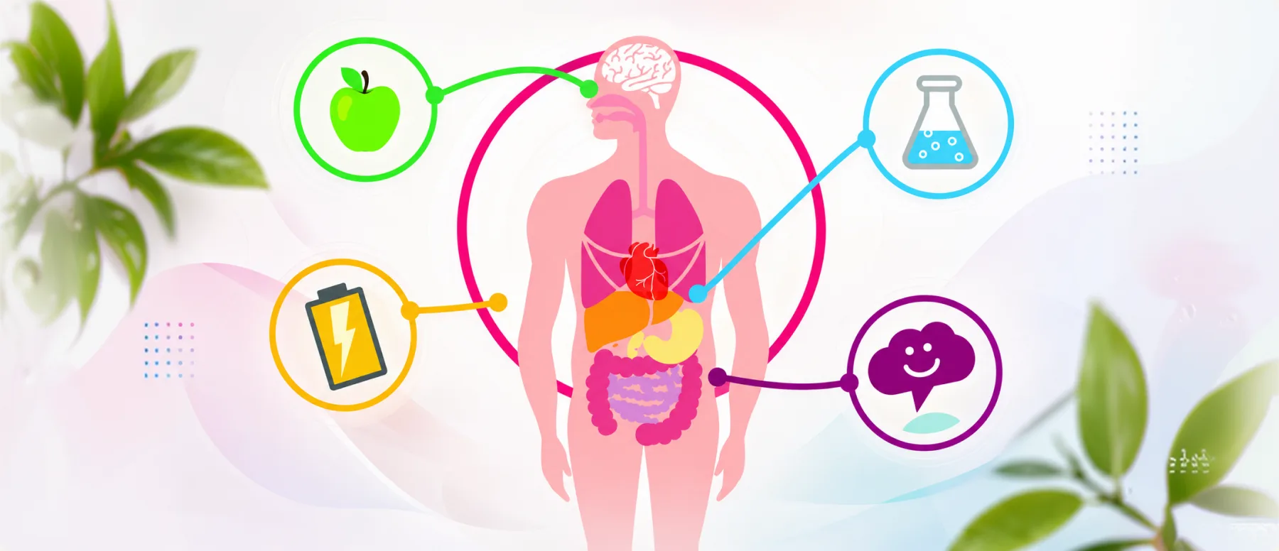 Ilustração do metabolismo humano conectado a ícones de alimentação, energia, exames e humor