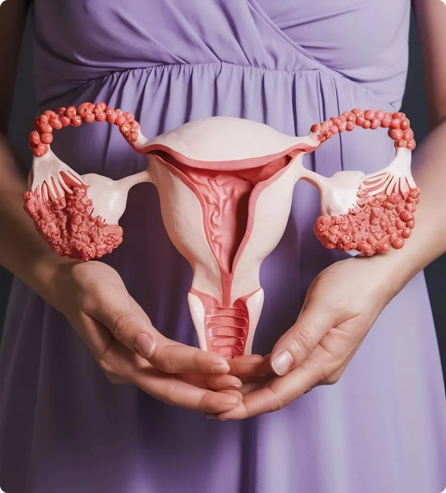 Mulher segurando um modelo anatômico do sistema reprodutor feminino