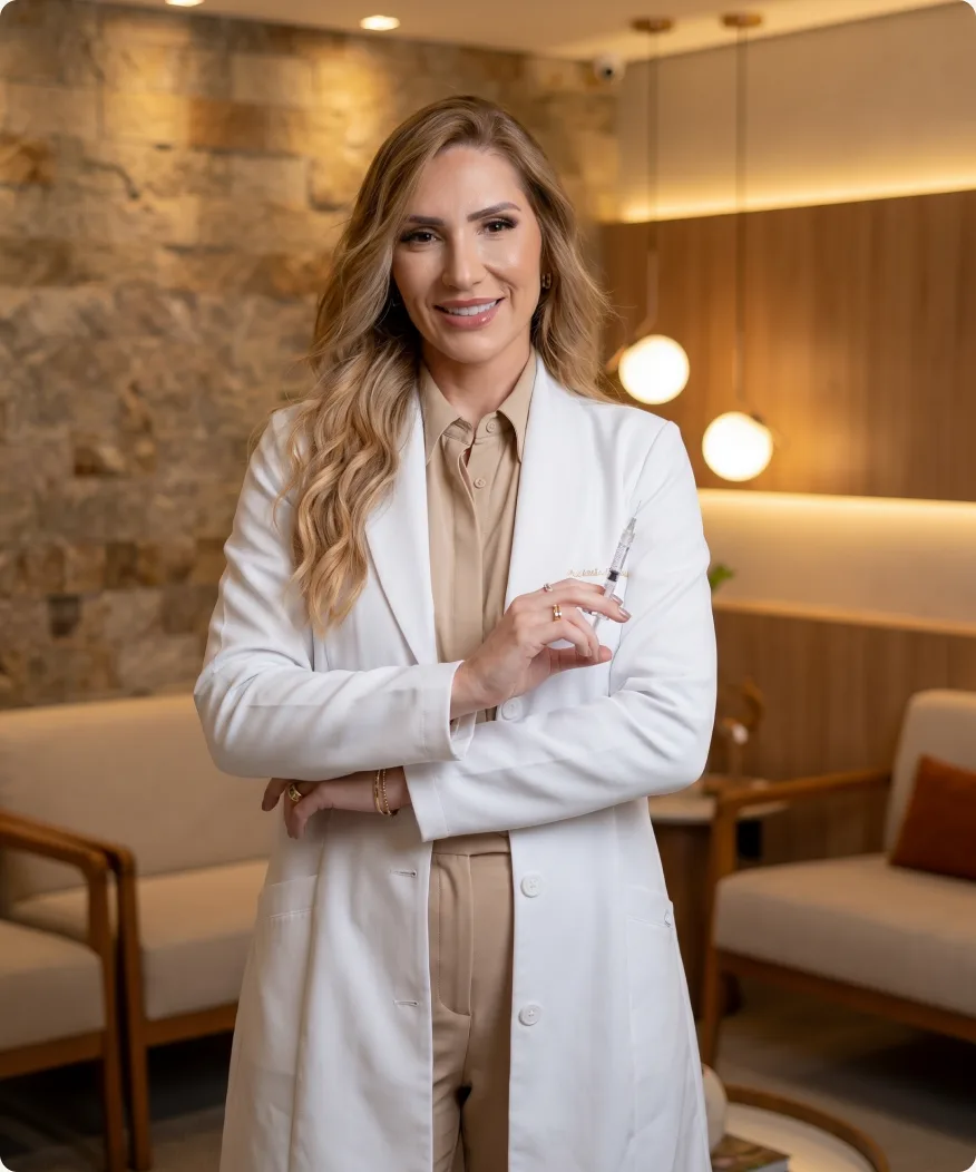 Dra. Bianka Bagatolli de Paula de jaleco branco, em pé no consultório